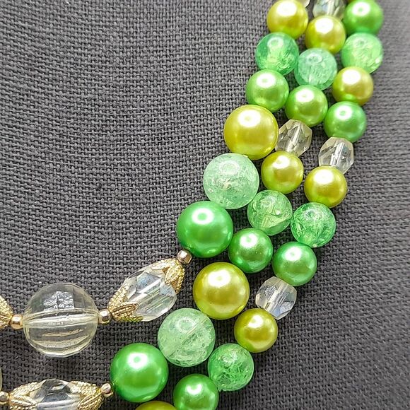 Vintage Green Faux Pearl Clear Bead Necklace, 1950s, Three Strands, 18" - Picture 5 of 13
